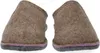 A pair of brown felt slippers with purple and gray trim, shown from the front. Produktbild-Vorschau