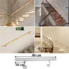 A collage of images showing wooden handrails on stairs in various settings, with a close-up of a handrail with dimensions. Produktbild-Vorschau