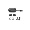 A set of black wireless earbuds and their charging case with a USB connector, along with extra ear tips and rings, are displayed on a white background. Produktbild-Vorschau