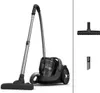 A studio shot of a bagless cylinder vacuum cleaner with its accessories displayed separately. Voir les images du produit