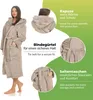 A woman wearing a taupe bathrobe, with close-up insets highlighting the hood, tie belt, and side pockets. Produktbild-Vorschau
