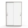 A front view of a white sliding door wardrobe with gray trim and handles, set against a white background. Produktbild-Vorschau