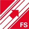 A graphic design with diagonal red and white stripes and a red arrow pointing upwards and to the right. The letters 'FS' are in the bottom right corner. Produktbild-Vorschau