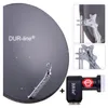 A collage of images showing a satellite dish, its mounting hardware, and a satellite receiver. Produktbild-Vorschau