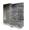 A 3D rendering of a modern hallway wardrobe set with upholstered panels and storage. Produktbild-Vorschau
