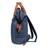 A side view of a blue backpack with brown leather accents. Produktbild-Vorschau