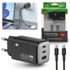 A collage of images showing a black 65W GaN II USB-C wall charger with two USB-C ports and one USB-A port, along with two USB-C cables. One image shows the charger plugged into a wall outlet and connected to a laptop and a small white device. Another image Podgląd zdjęcia produktu
