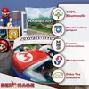 A bedroom scene featuring Super Mario Kart themed bedding, with various product features highlighted by icons and text. Produktbild-Vorschau
