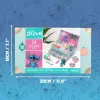 A Lilo & Stitch themed advent calendar keepsake box is shown open, revealing its contents and decorative elements. Dimensions are indicated. Náhled obrázku produktu