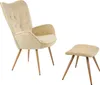 A beige armchair and matching ottoman are shown against a white background. Náhled obrázku produktu