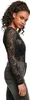 A woman is shown from the side wearing a black lace long-sleeved bodysuit and grey jeans. Produktbild-Vorschau