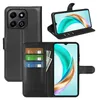 A collage of images showing a black wallet-style phone case for a Honor X6A/X6B phone, with the phone inserted and displayed in different orientations. Produktbild-Vorschau