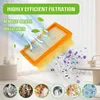 A close-up view of an orange and white air filter, with illustrated air currents and pollutants being filtered out, set against a bright, indoor background. Below the filter are circular vignettes showcasing different types of debris. Produktbild-Vorschau