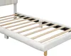 A close-up view of a white upholstered bed frame with wooden slats. Produktbild-Vorschau