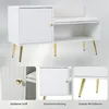 A collage of images showing a white shoe cabinet with a bench seat and gold legs, with close-up details of the handle and door. Anteprima dell’immagine prodotto