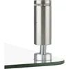 A close-up of a metal monitor stand component attached to a glass surface. Produktbild-Vorschau