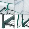 Collage of close-up shots showing details of a greenhouse structure, including the plastic cover, ties, and shelving. Voir les images du produit