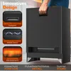 A person is holding the back of a black electric fireplace. The image is overlaid with text and graphics highlighting product features. Náhľad obrázku produktu