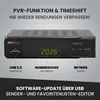 A black satellite receiver with text overlays highlighting its features. Produktbild-Vorschau