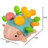 A toy hedgehog with colorful pegs sticking out of its back, with dimensions indicated by lines and text. Náhľad obrázku produktu