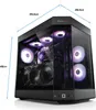 A gaming PC with RGB lighting, showcasing its internal components and dimensions. Produktbild-Vorschau