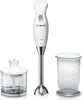 A white Bosch hand blender with its accessories, including a chopper and a measuring cup, displayed against a white background. Produktbild-Vorschau