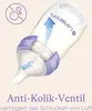 A close-up illustration of a baby bottle with an anti-colic valve system, highlighting airflow and air bubbles. Voir les images du produit