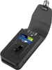 A black leather holster for a phone, open to show credit cards and a phone camera lens. Náhled obrázku produktu