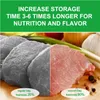 A split image showing meat preserved in a regular bag versus a vacuum bag, with vegetables in the background. Produktbild-Vorschau