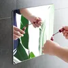 Quadratischer Wandspiegel, der eine Person reflektiert, die roten flüssigen Lippenstift aufträgt, mit grünen Pflanzenblättern im Hintergrund Anteprima dell’immagine prodotto