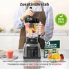 A person is using a blender to make a smoothie, with a recipe book and a glass of smoothie nearby. Produktbild-Vorschau