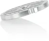 A close-up, angled shot of a metal grinder plate with many small holes, casting a reflection on a white surface. Produktbild-Vorschau