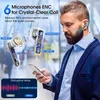 A man in a suit is using a smartphone while wearing white earbuds. The image highlights the earbuds' features with text and diagrams. Produktbild-Vorschau