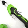 A close-up view of the handle and trigger mechanism of a green and black electric hedge trimmer. Náhľad obrázku produktu