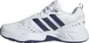 A side view of a white and blue Adidas sneaker. Voir les images du produit