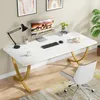 A modern home office setup with a white marble-effect desk, computer, lamp, and chair. Produktbild-Vorschau