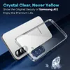 A clear phone case is shown on top of a white Samsung A15 phone, with text overlay. Produktbild-Vorschau