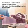 A person is holding a removable water tank next to a steam iron. Produktbild-Vorschau