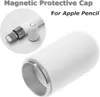 A white magnetic protective cap for an Apple Pencil is shown, with a close-up inset of the cap on the pencil's charging end. Produktbild-Vorschau