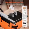 A close-up view of a table saw with a person's hands operating it, alongside graphics indicating materials it can cut. Náhled obrázku produktu