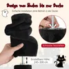A hand holding a black fuzzy cat tree component, with text overlays and graphics related to installation and features. Produktbild-Vorschau