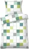A folded duvet cover and pillowcase set with a checkered pattern of green, teal, gray, and white squares. Produktbild-Vorschau