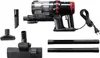 A black and red handheld vacuum cleaner with various attachments laid out on a white background. Produktbild-Vorschau