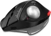 A black trackball mouse with a silver trackball and red accents, shown from a side angle on a white background. Produktbild-Vorschau