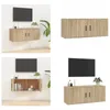 A collage of images showing a wall-mounted TV cabinet in oak finish, with some images showing it closed and others showing it open with items inside. Produktbild-Vorschau