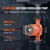 A close-up shot of a cast iron circulator pump, with specifications and dimensions highlighted by text overlays. Anteprima dell’immagine prodotto