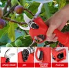 A hand holding an electric pruning shear, with figs on a tree in the background. The image is divided into sections highlighting product features. Náhled obrázku produktu