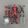A flat lay of a Deadpool action figure with accessories. Podgląd zdjęcia produktu