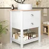 A white bathroom vanity with a ceramic sink and wooden countertop, featuring two drawers and an open shelf below, is shown in a bathroom setting. Produktbild-Vorschau