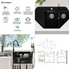 A collage of images showing a black granite sink, its features, dimensions, and installation context. Produktbild-Vorschau